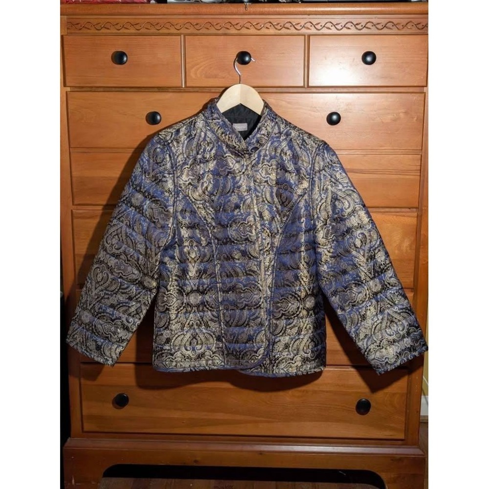 Chico's Blue Gold Metallic‎ Paisley Quilted Jacket Boho Rocker Vintage